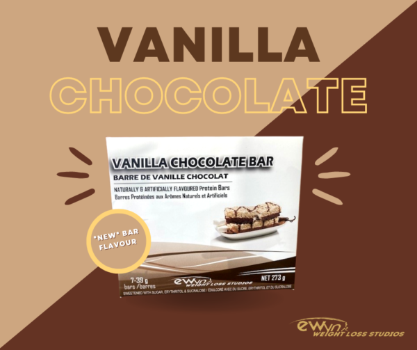 Graphic depicting a box of Vanilla Chocolate protein bars